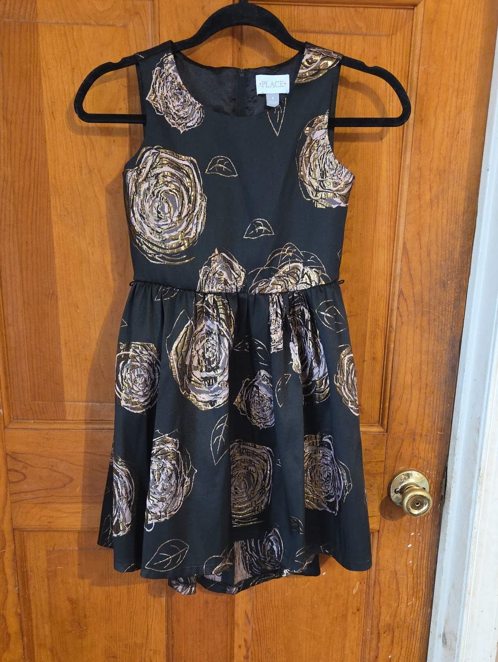 The Children's Place Black Dress with Metallic Gold Rose Print
